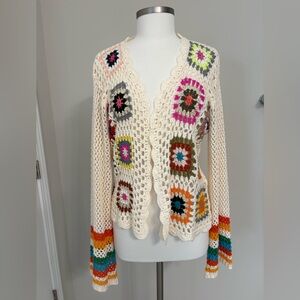Women's Colorful Crochet Granny Square Cardigan Sweater Size Large
